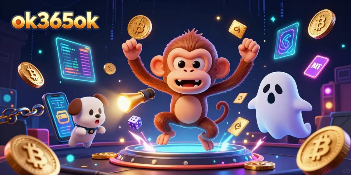 Experience thrilling gaming at ok365ok, featuring a mischievous monkey and ghost-hunter puppy in a haunted casino.