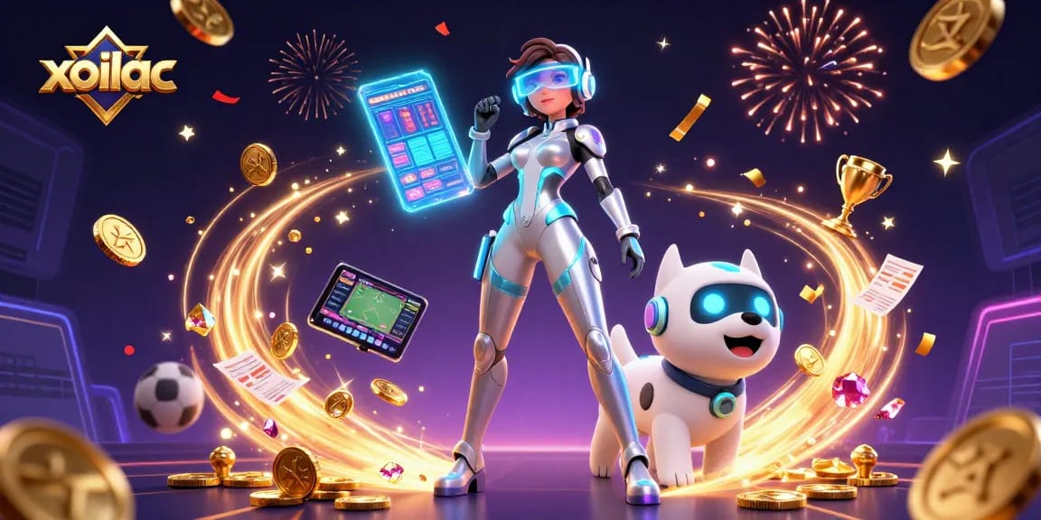 Xoilac delivers dynamic sports betting experiences with a woman and cartoon dog amidst a vivid casino backdrop.
