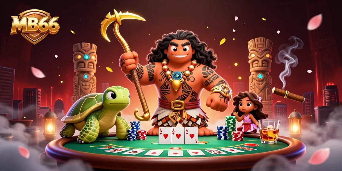 Experience thrilling poker action with MB66 in vibrant 3D casino illustration.