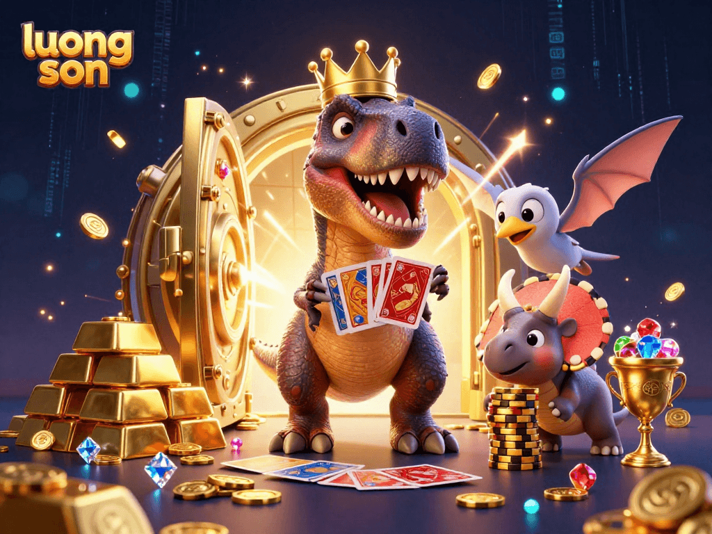 Experience luong son action in a vibrant 3D casino scene with characters shuffling cards and stacking chips.