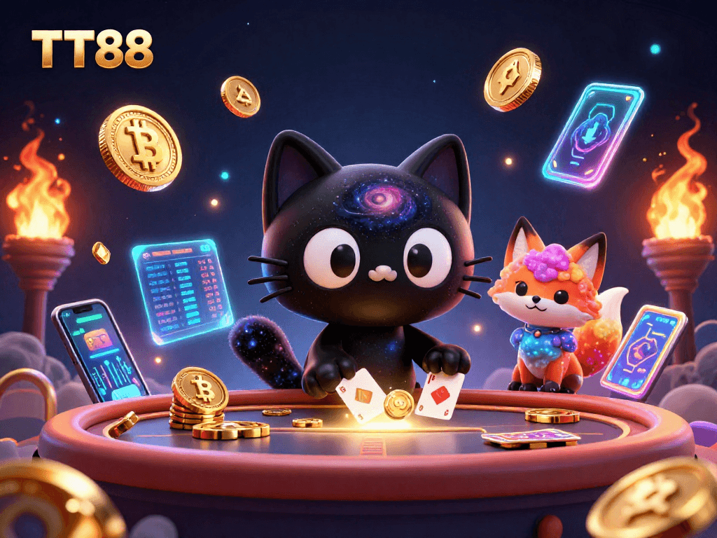 Engage with TT88, a cosmic casino scene featuring a black hole cat and neon crypto elements.
