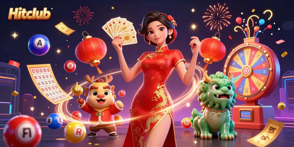Hitclub enhances gaming excitement with a vibrant scene of a woman and jade lion amidst dynamic lottery elements.