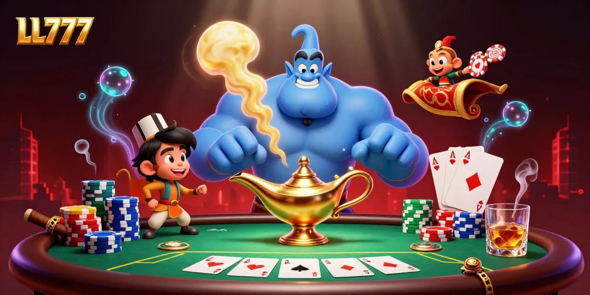 LL777 showcases a vibrant 3D casino scene with a genie, poker chips, and rich game elements.