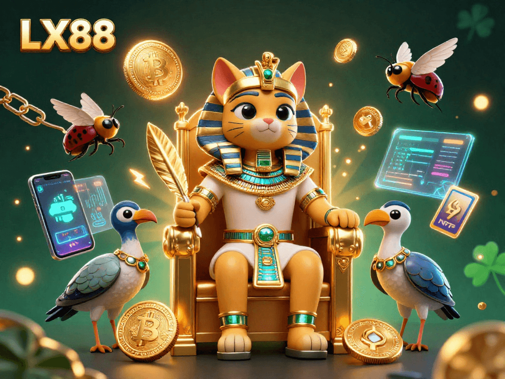 Engage with LX88's vibrant 3D casino scene featuring royal characters and crypto elements for a thrilling experience.