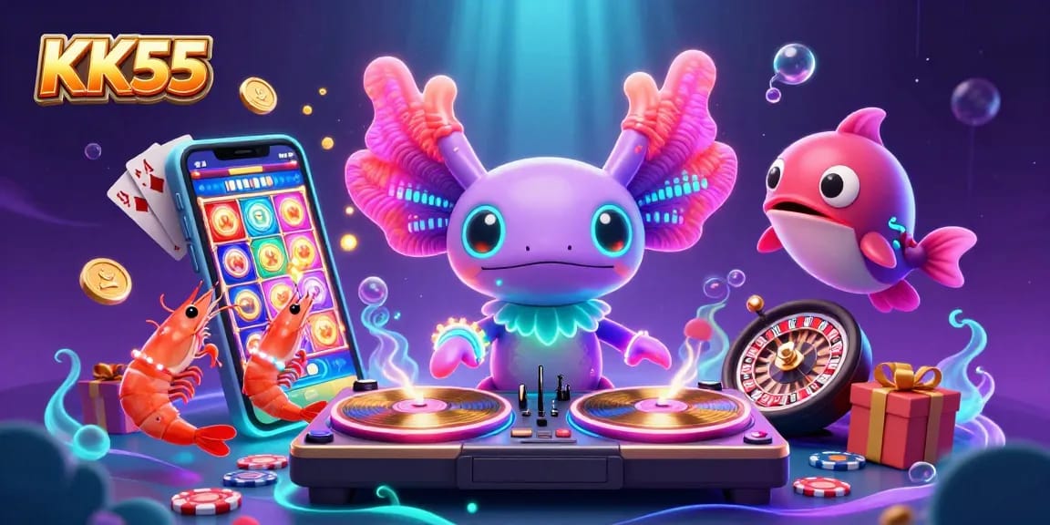 Spin and win with KK55 in this colorful underwater casino scene featuring an axolotl DJ and lively sea creatures.