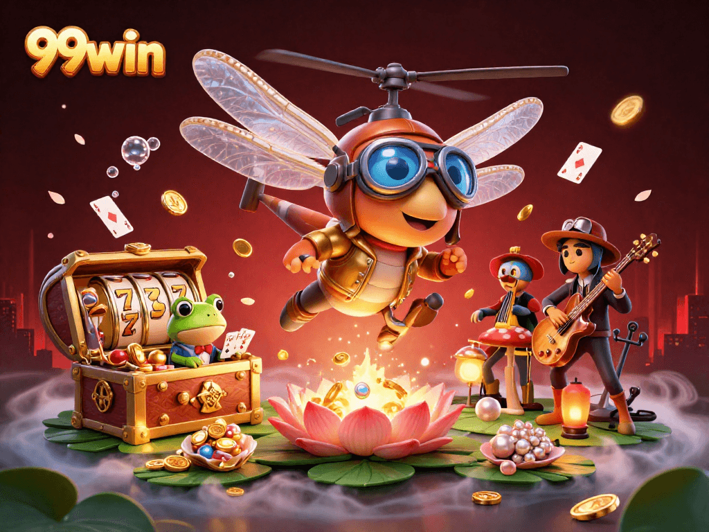 Join the excitement at 99win with a dazzling lily pad casino scene featuring a frog croupier and jazz musicians.