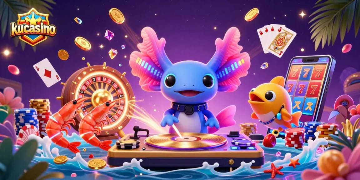KUCASINO's vibrant underwater casino scene features a neon axolotl DJ and exciting games.