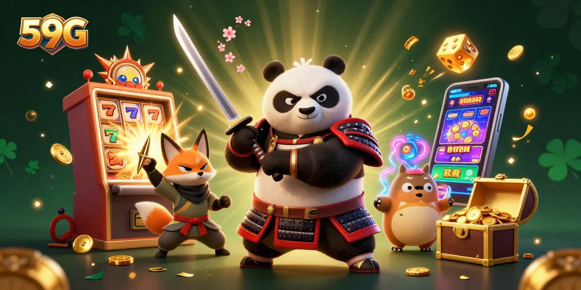 Experience thrilling gaming excitement with 59G in a vibrant, animated casino scene featuring legendary characters.