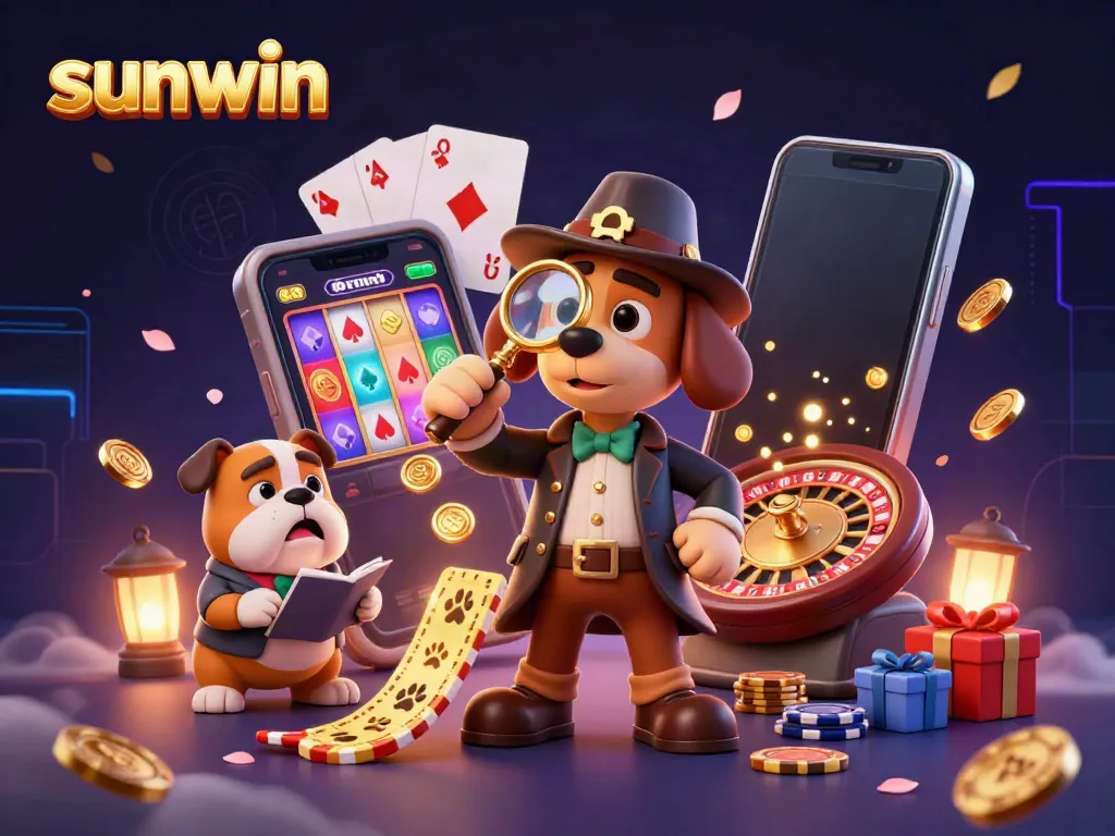 Engage in thrilling gameplay at sunwin with a detective and his companion exploring treasures in a colorful 3D casino scene.