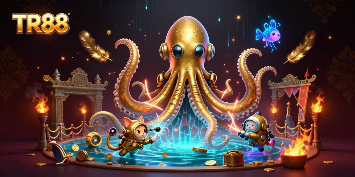 TR88 vibrant illustration featuring a kraken and diving cat in a casino-themed setting.