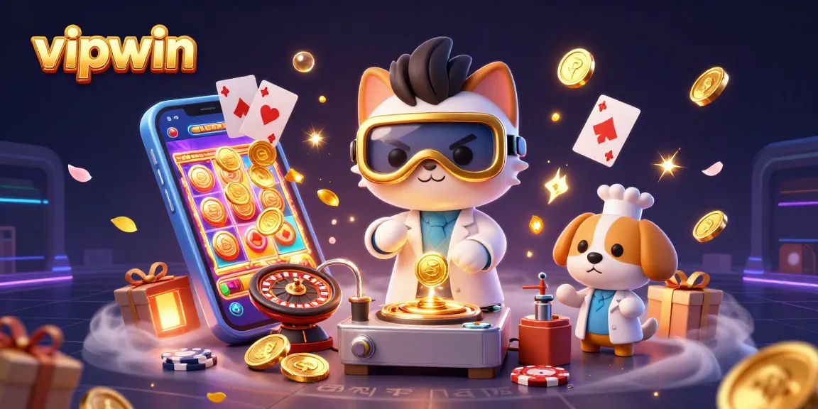 Win big with vipwin as a mad scientist cat creates a gold-coin machine in a vibrant casino setting.