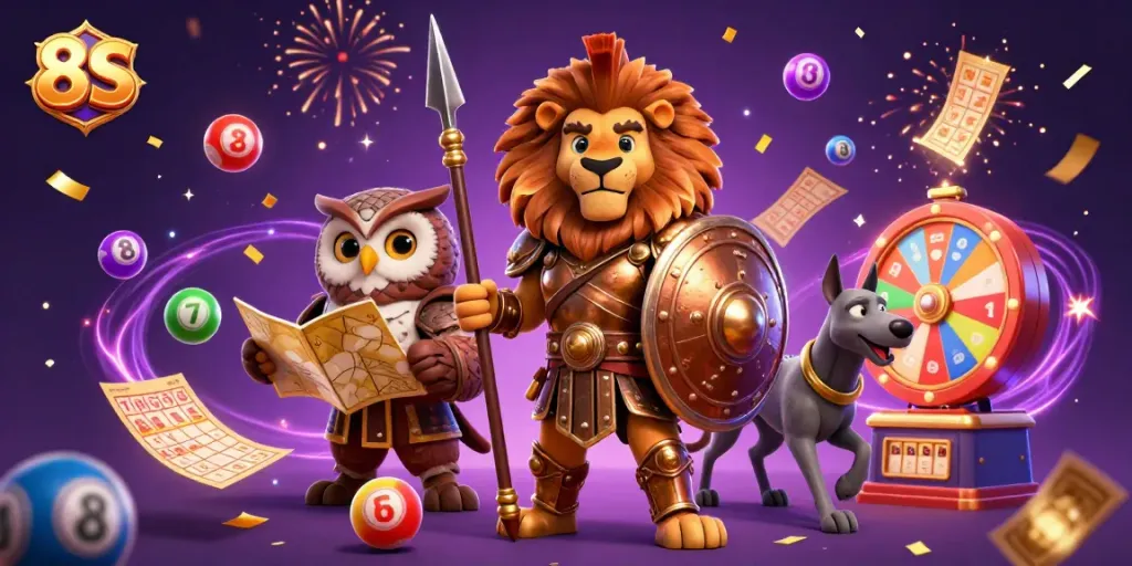 Engage in thrilling 8S lottery action with a vibrant scene of characters and colorful game elements.