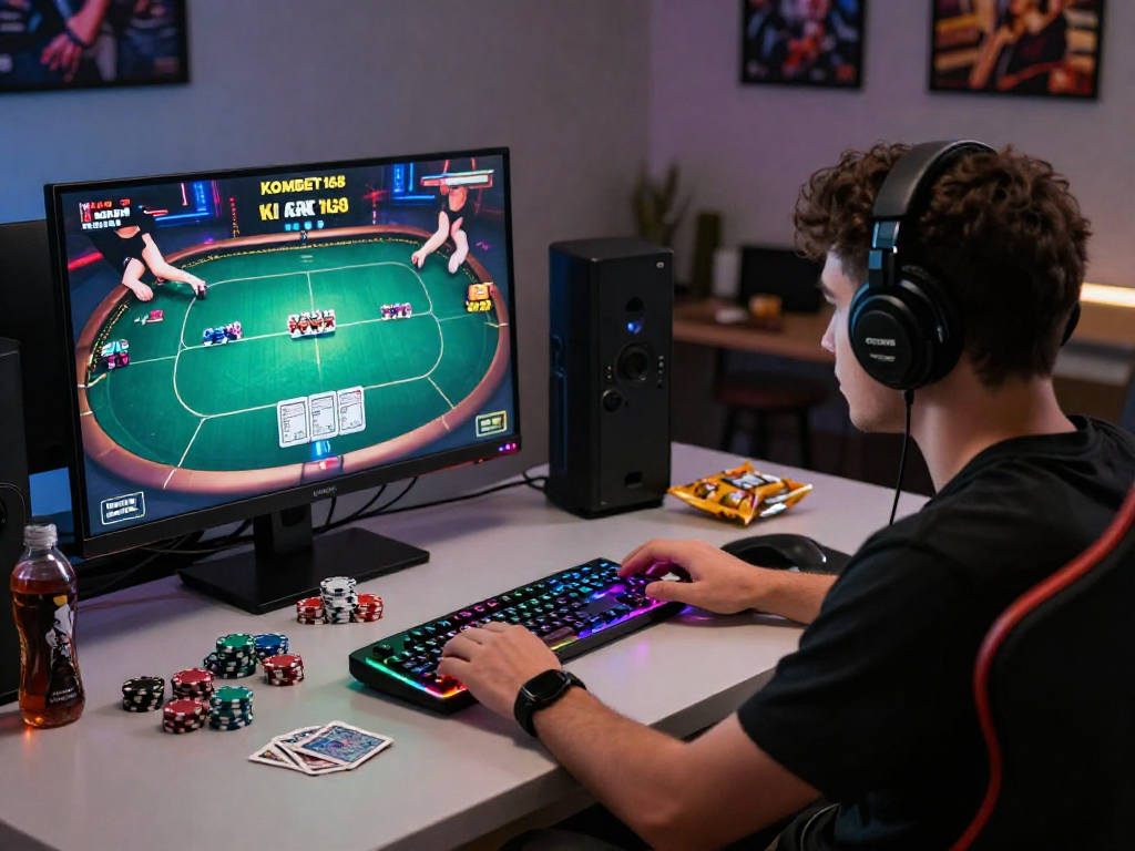 KOMBET168 player engaging in online poker gaming with colorful LED setup.