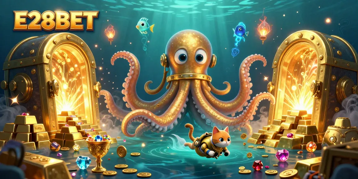 Experience thrilling E28BET adventures with a colossal kraken and treasures in a vibrant casino scene.
