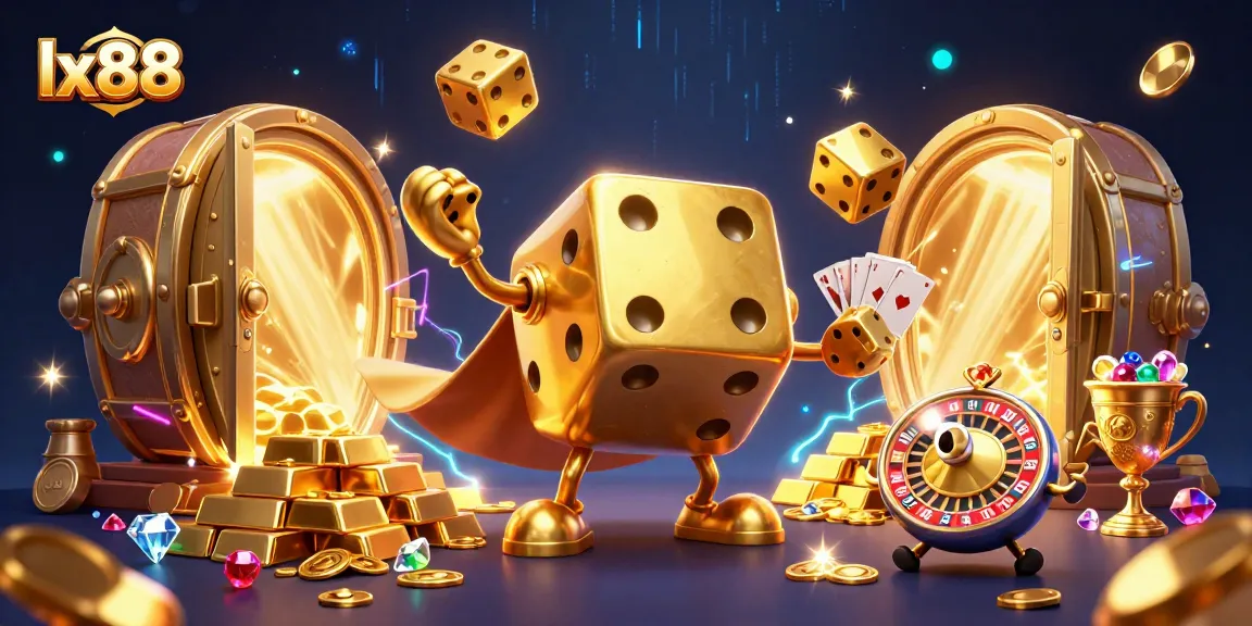 Experience winning moments with lx88’s golden dice golem surrounded by treasure and casino symbols.