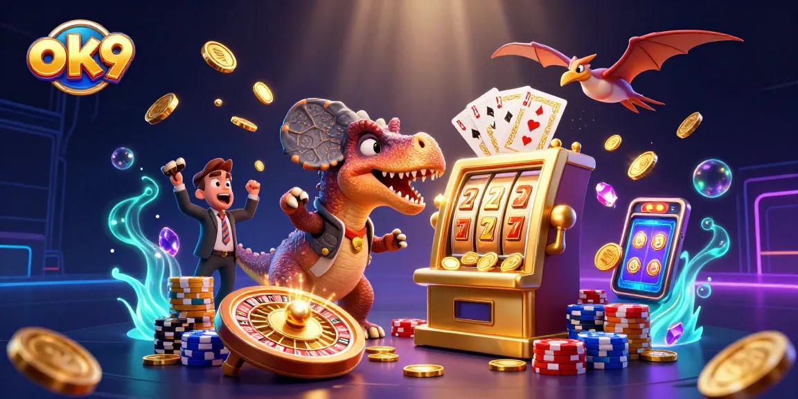 ok9 engages players with a cartoon dinosaur jackpot scene featuring dynamic casino elements and golden coins.