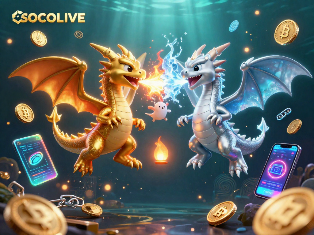 SOCOLIVE showcases thrilling dragon action with cryptocurrencies in a vibrant casino-themed scene.