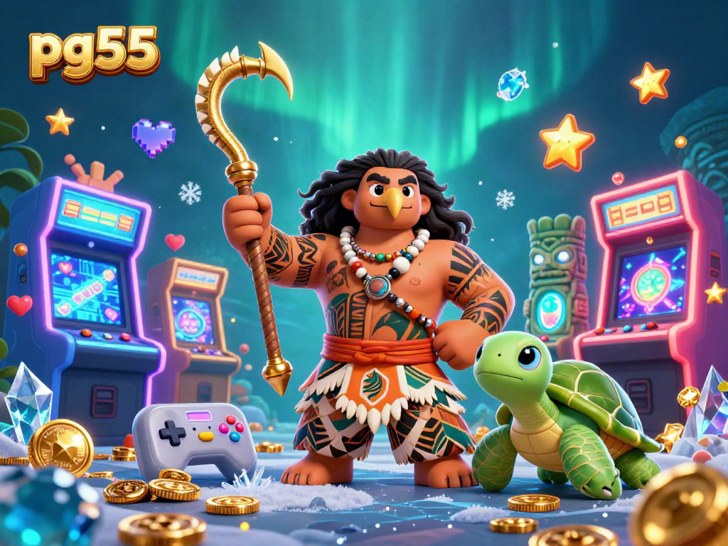 Experience the excitement of pg55 with our vibrant 3D casino illustration featuring engaging characters and gaming elements.
