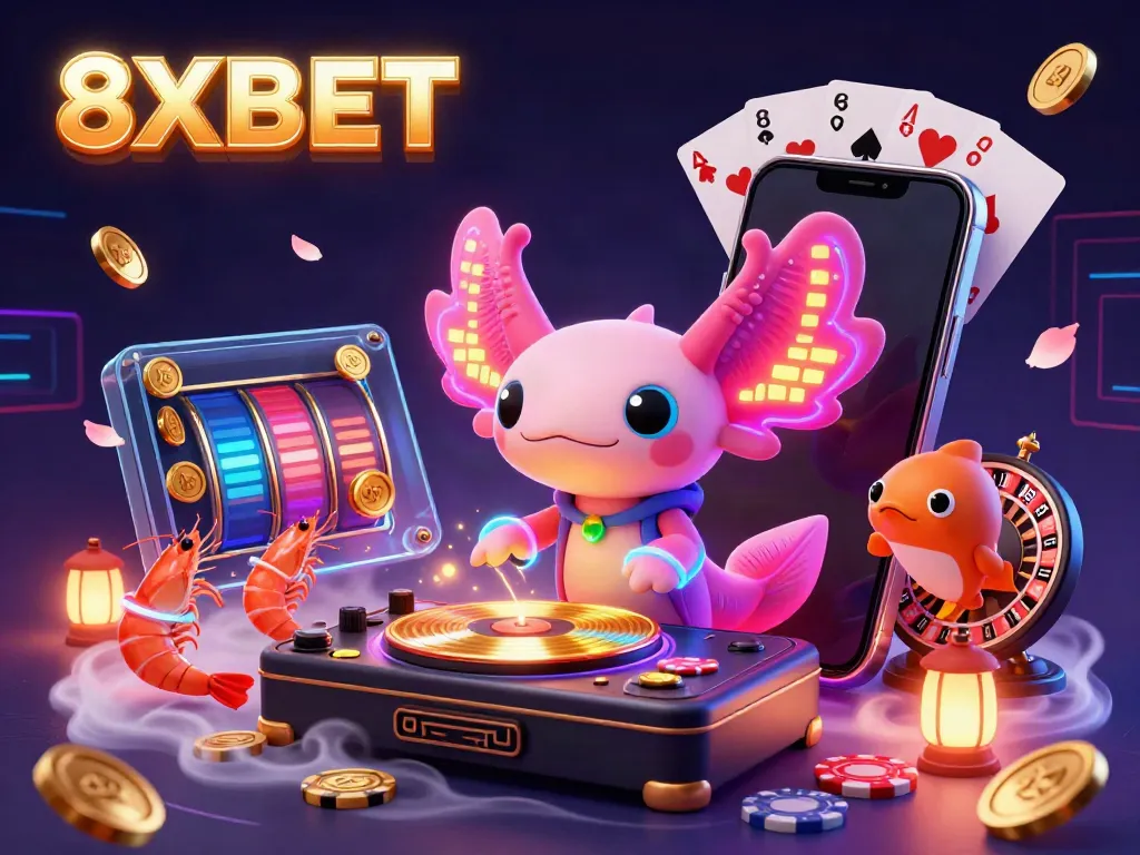 Experience exciting gaming with 8XBET through an electrifying 3D casino illustration featuring dynamic characters and vibrant elements.