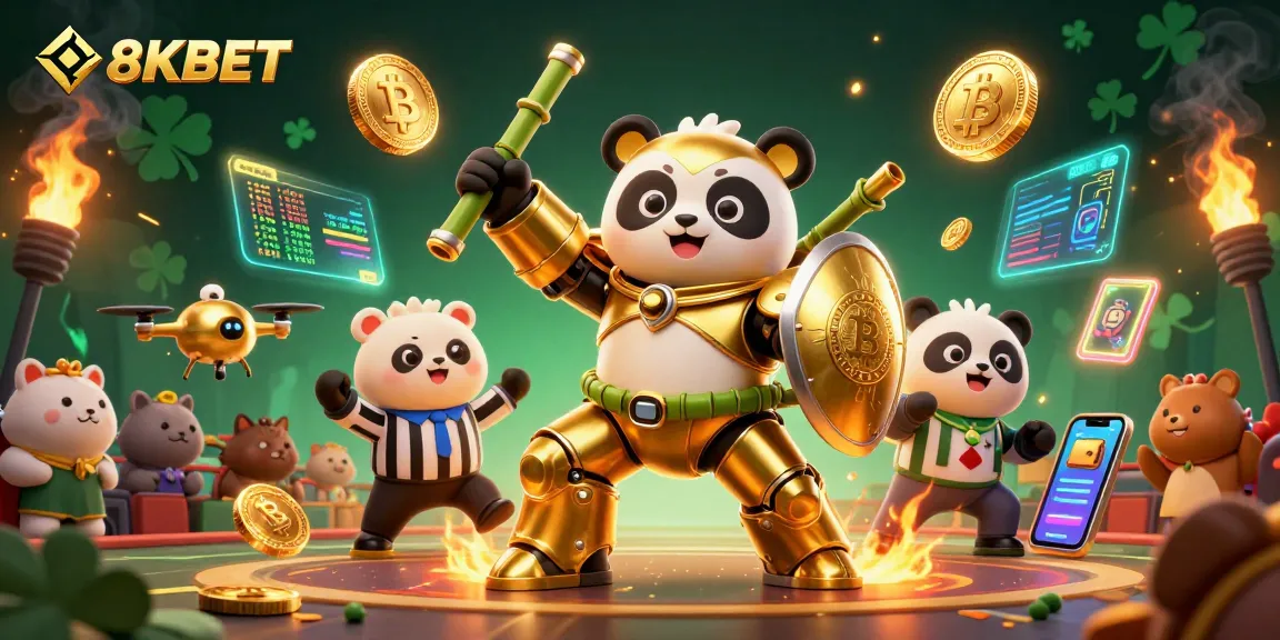 Engage in 8KBET's vibrant online casino action with a dynamic 3D scene featuring colorful characters and cryptocurrency elements.