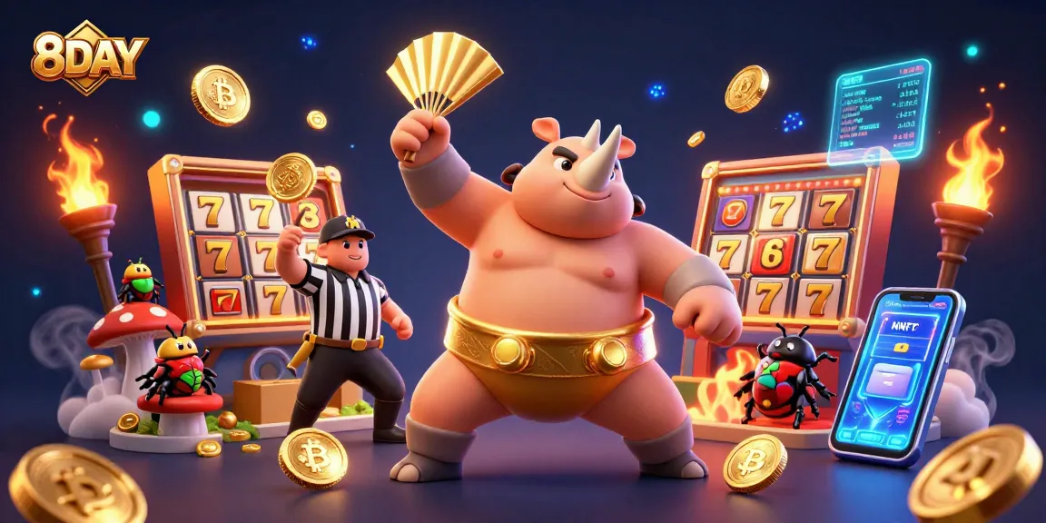 Experience the thrilling world of 8DAY as the sumo champion beetle sends coins flying in a dynamic casino scene.
