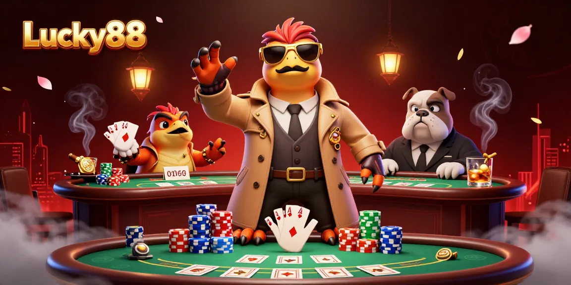 Lucky88 raptors in trench coat enter casino VIP lounge while poker chips and cards surround them.