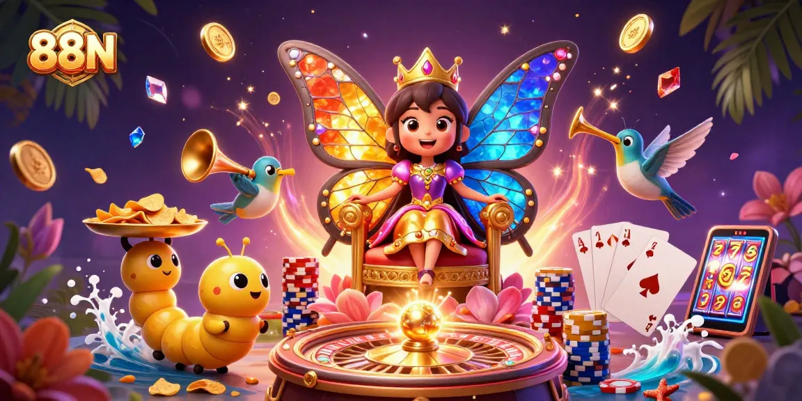 Experience the vibrant world of 88SN with a dynamic 3D casino scene packed with imaginative characters and gaming elements.