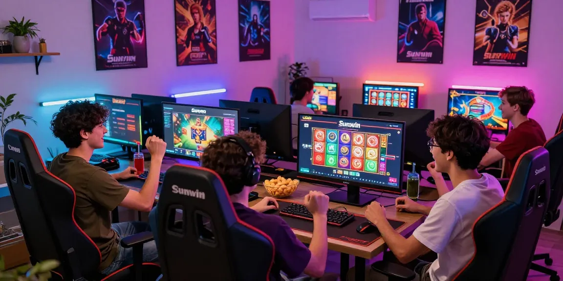 Players enjoying Sunwin online games in a vibrant gaming setup, celebrating wins together.