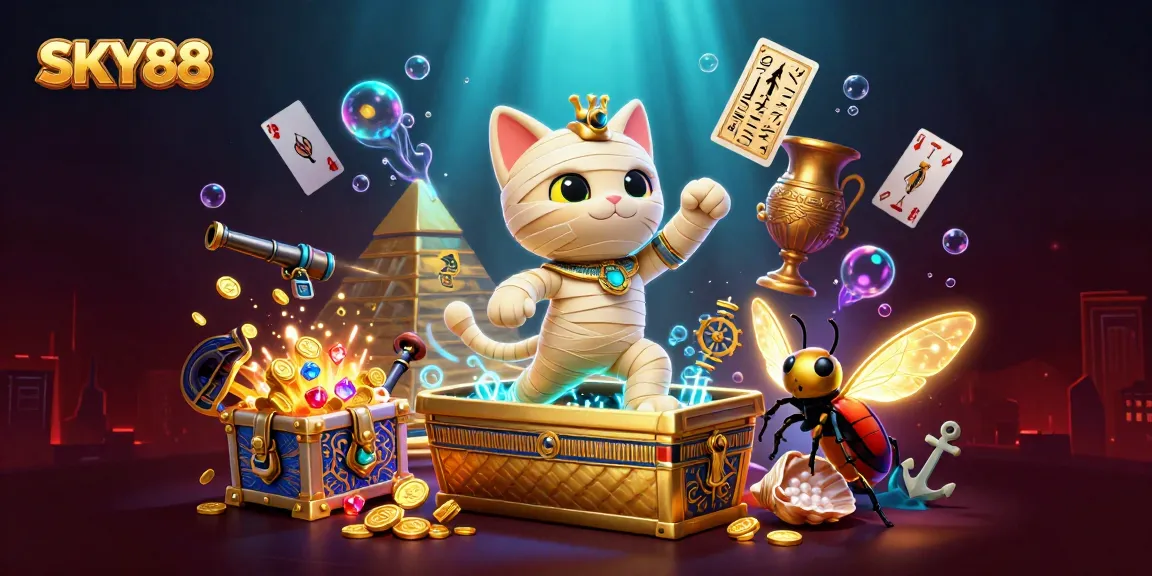 SKY88 features an Egyptian mummy cat in a vibrant pyramid casino scene, showcasing exciting gameplay.