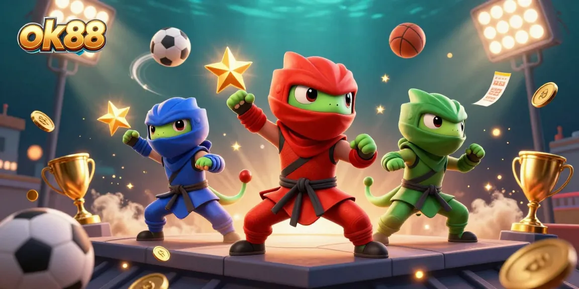 Engage with thrilling ok88 action featuring colorful ninja chameleons amid dynamic sports elements.