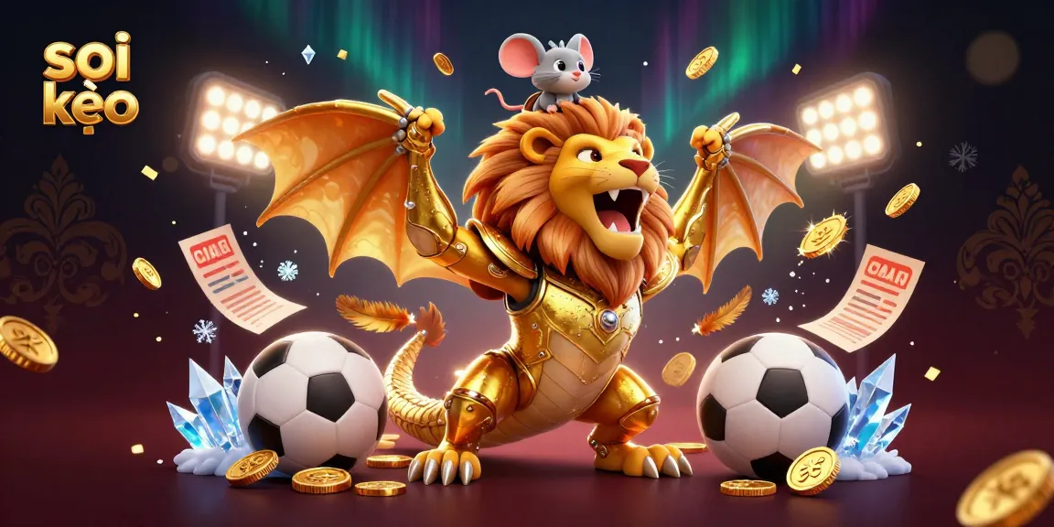 Soi kèo sports betting illustration featuring a golden chimera and mouse jockey with festive elements.