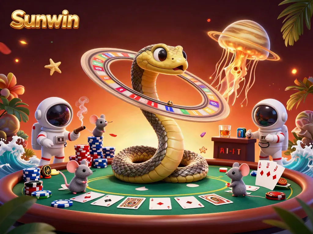Place bets in the vibrant Sunwin cosmic casino with astronaut mice at a roulette wheel