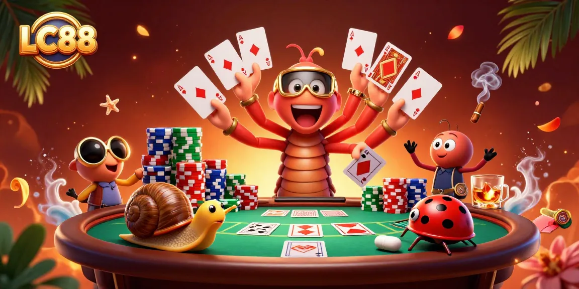 LC88 dealer joins a thrilling poker game with a millipede, snail, and pill bug in vibrant 3D illustration.