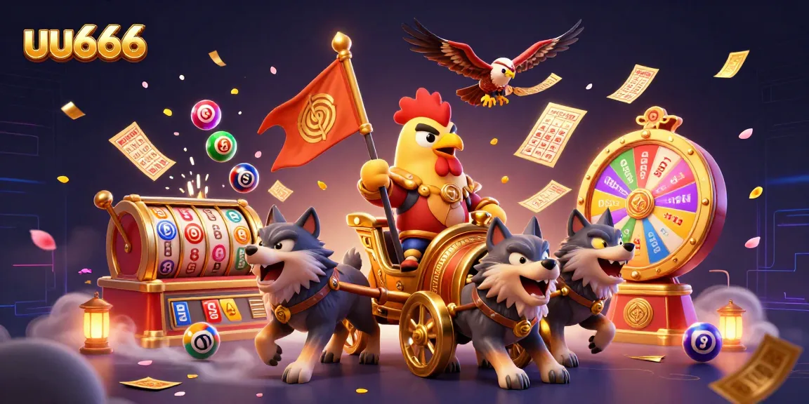 uu666 game scene with a rooster warlord and colorful lottery elements for gambling