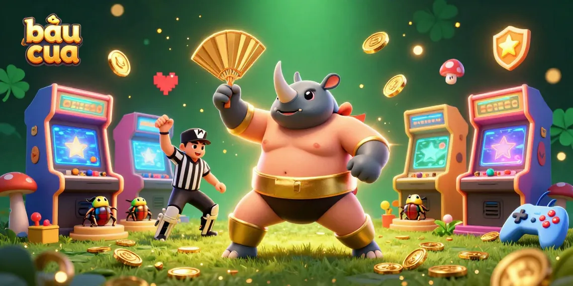 Engage in exhilarating bầu cua gameplay with colorful 3D characters and arcade elements in a vibrant casino atmosphere.