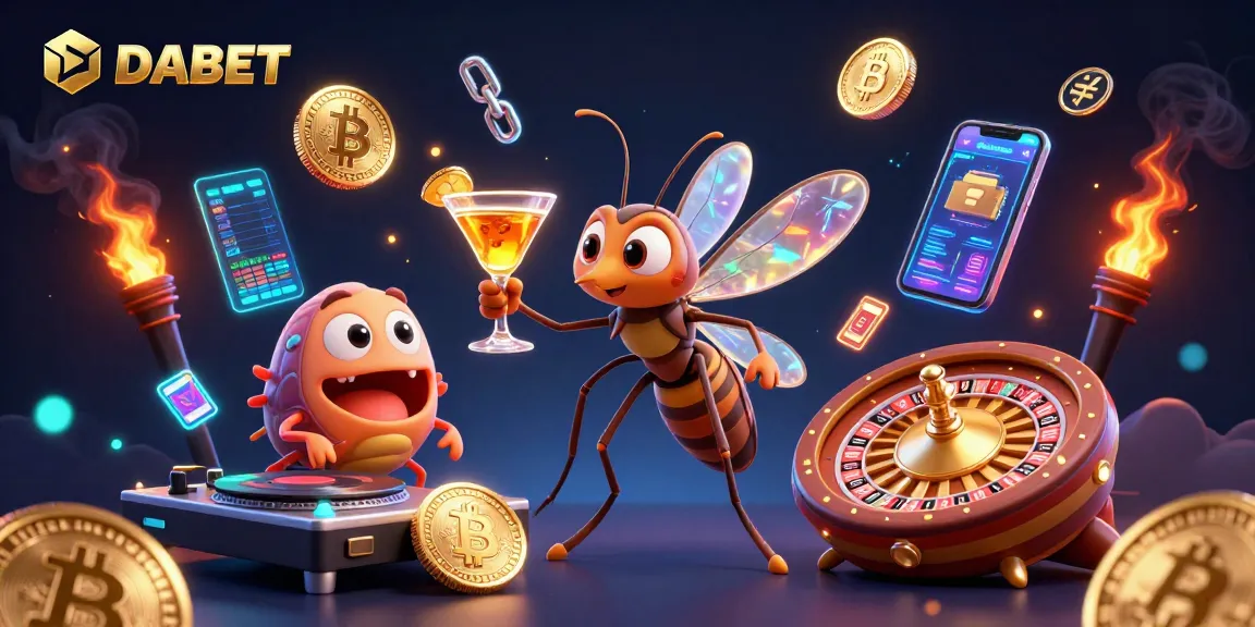 DABET's casino world comes alive with a frozen mosquito mascot, trilobite DJ, and golden roulette wheel.