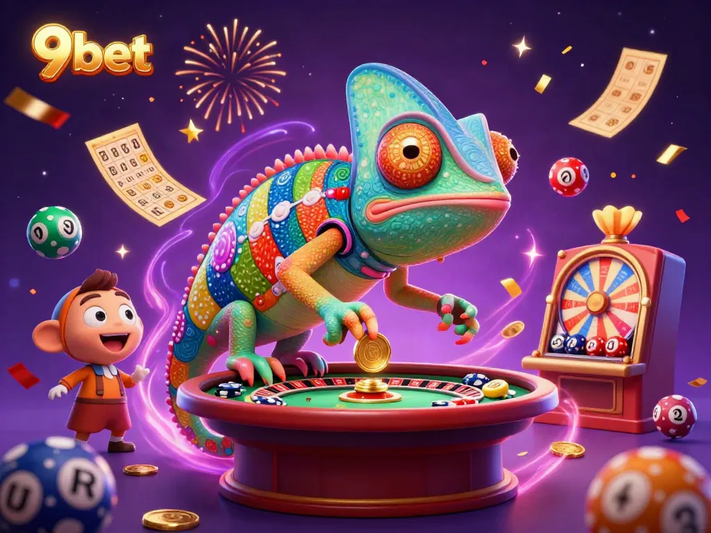Experience the thrilling world of 9bet with our vibrant casino chameleon surrounded by lottery elements!