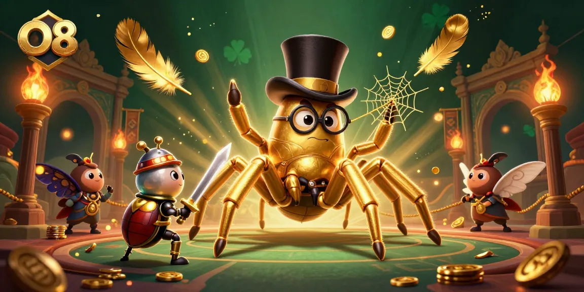 O8 players spin the reels in a dynamic casino scene featuring a golden tarantula and brave beetle knight.
