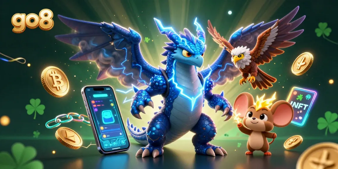 Experience thrilling gambling adventures at go8 with vibrant 3D casino elements, dragons, and coins.