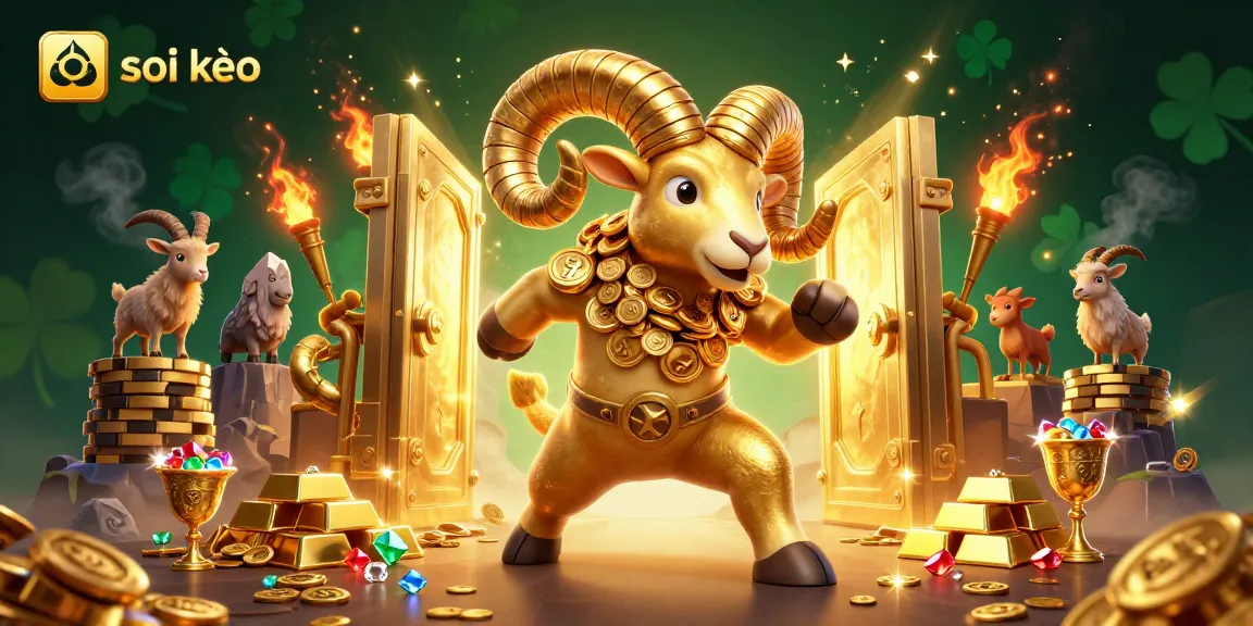Soi kèo dynamic betting scene with a golden ram charging through treasure and gems.