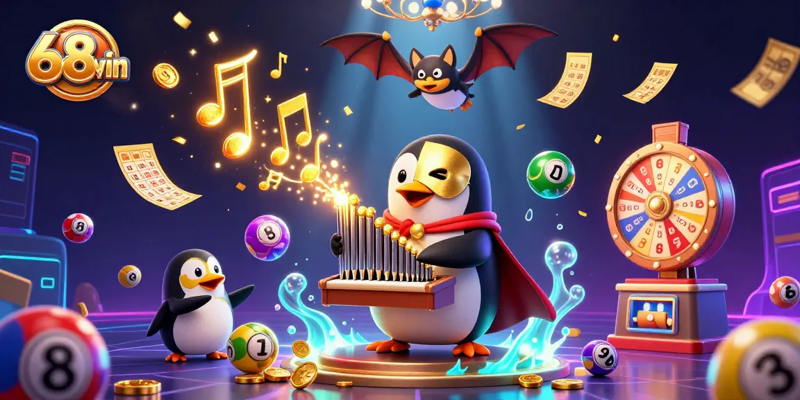 Engage with 68win's dynamic casino scene featuring vibrant elements and joyous characters.