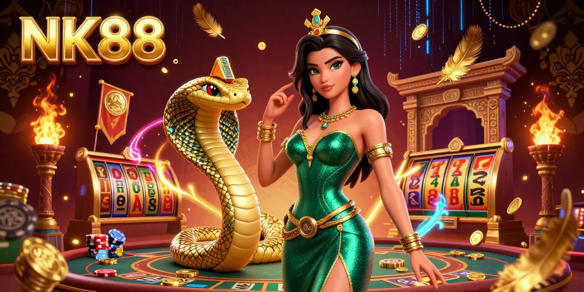 Engage with the thrilling NK88 casino experience, featuring a captivating scene with a glamorous woman and a golden cobra amidst dynamic gambling elements.