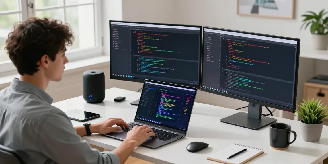 Developer working on an AI laptop with dual monitors in a modern tech workspace.