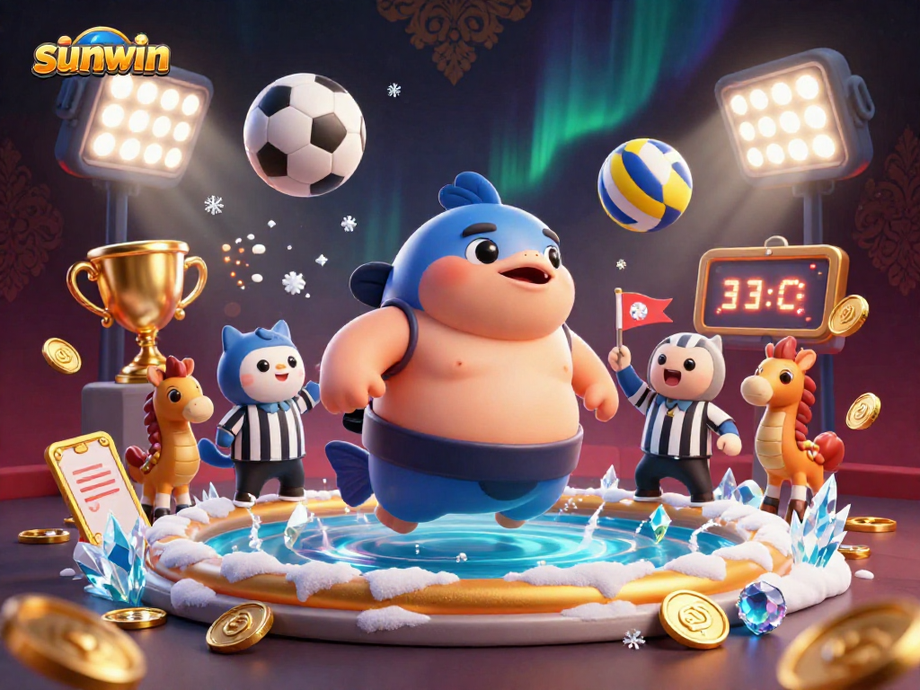 Engage in epic gambling fun with Sunwin, featuring a vibrant underwater scene of a giant fugu sumo wrestling.