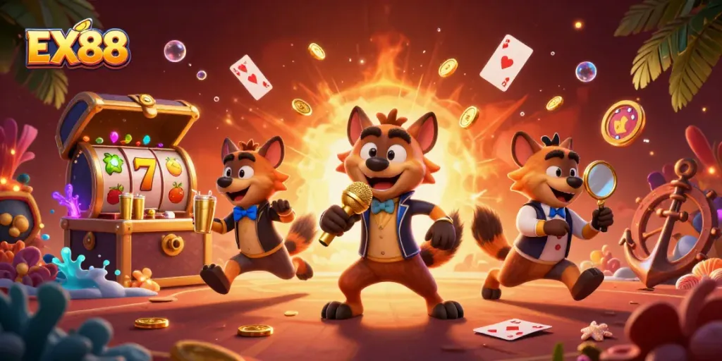 EX88 showcases a vibrant casino scene with hyenas, slot reels, and drinks, creating excitement.