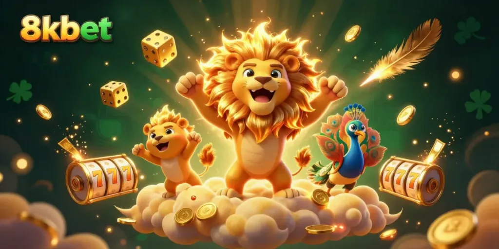 Experience thrilling wins with 8xbet as a cartoon sun lion and golden dice celebrate gaming success.