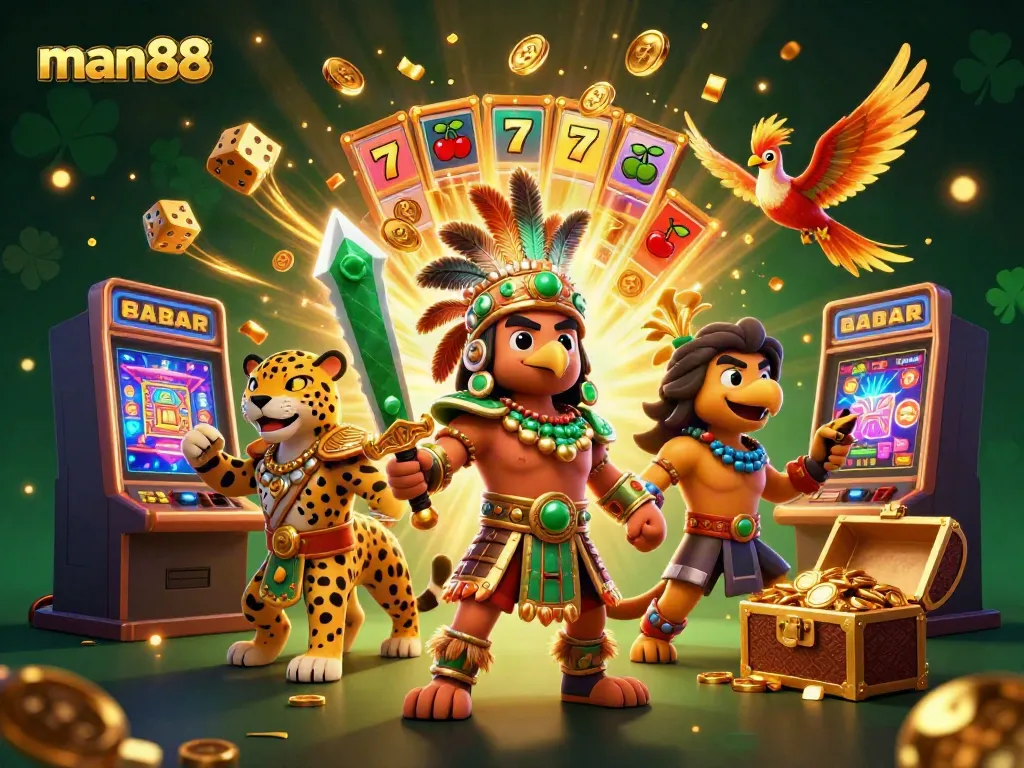 Experience the excitement with man88 as Aztec characters interact with vibrant casino elements.