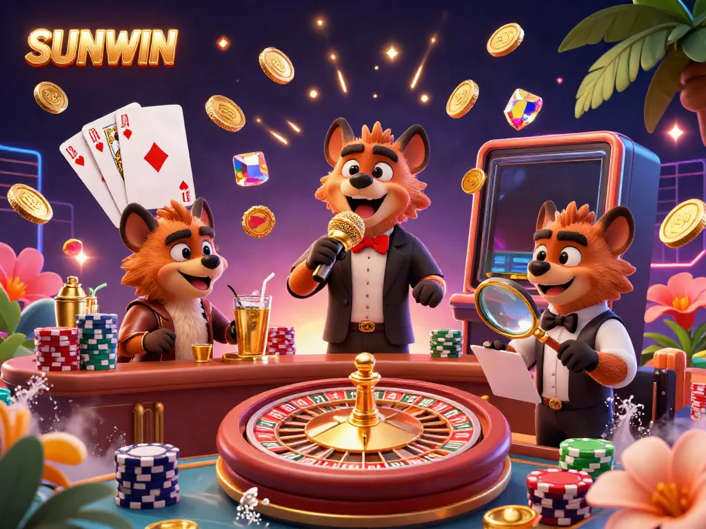 Hyenas in a comedic casino scene celebrating SUNWIN with vibrant casino elements and golden sparkles.