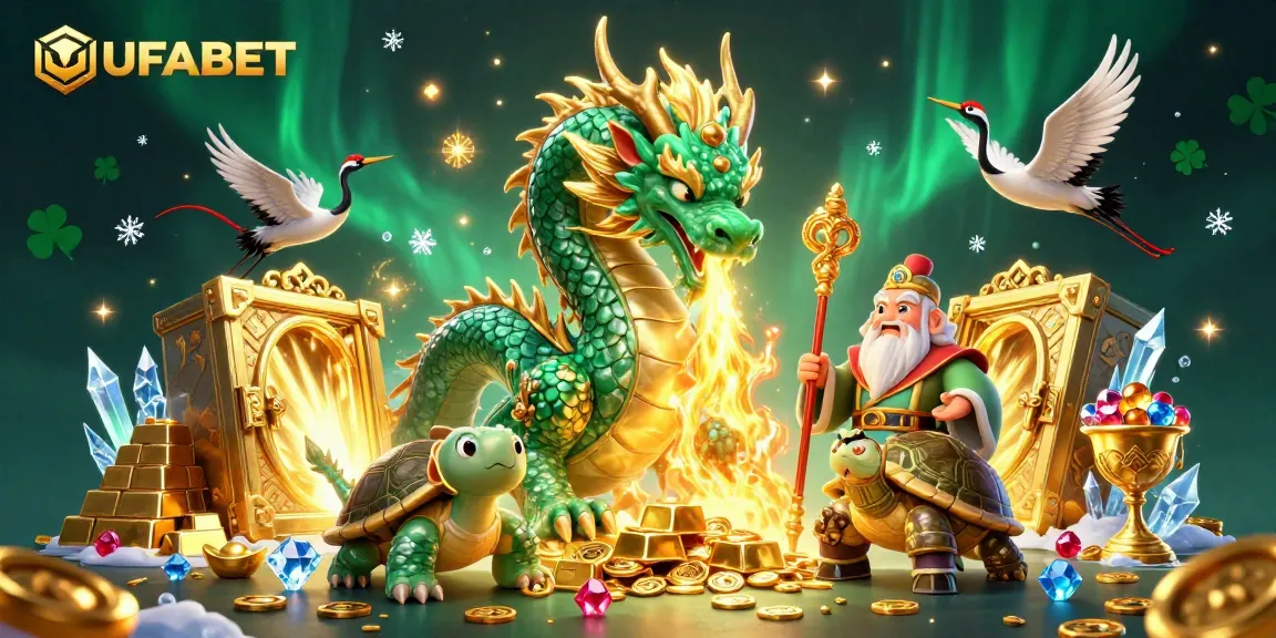 Experience UFABET's thrilling online gambling with a captivating illustration of a jade dragon and lucky symbols.