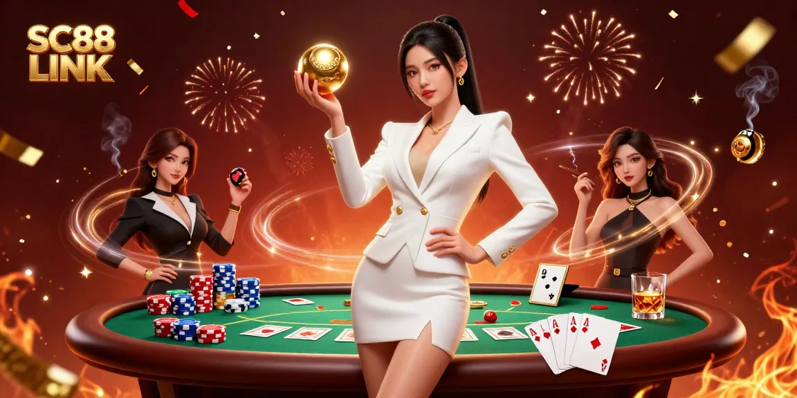 Experience thrilling wins with SC88 LINK as a confident player navigates a vibrant casino scene filled with excitement.